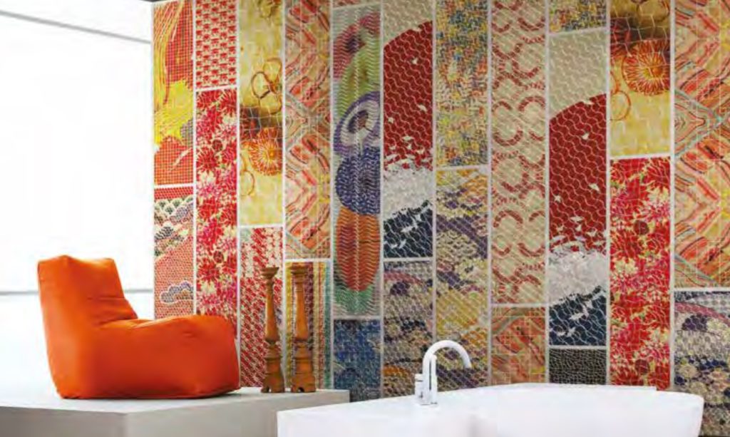 Batik Mosaics in bathroom multi-colored design of different shapes with bold colors red orange yellow