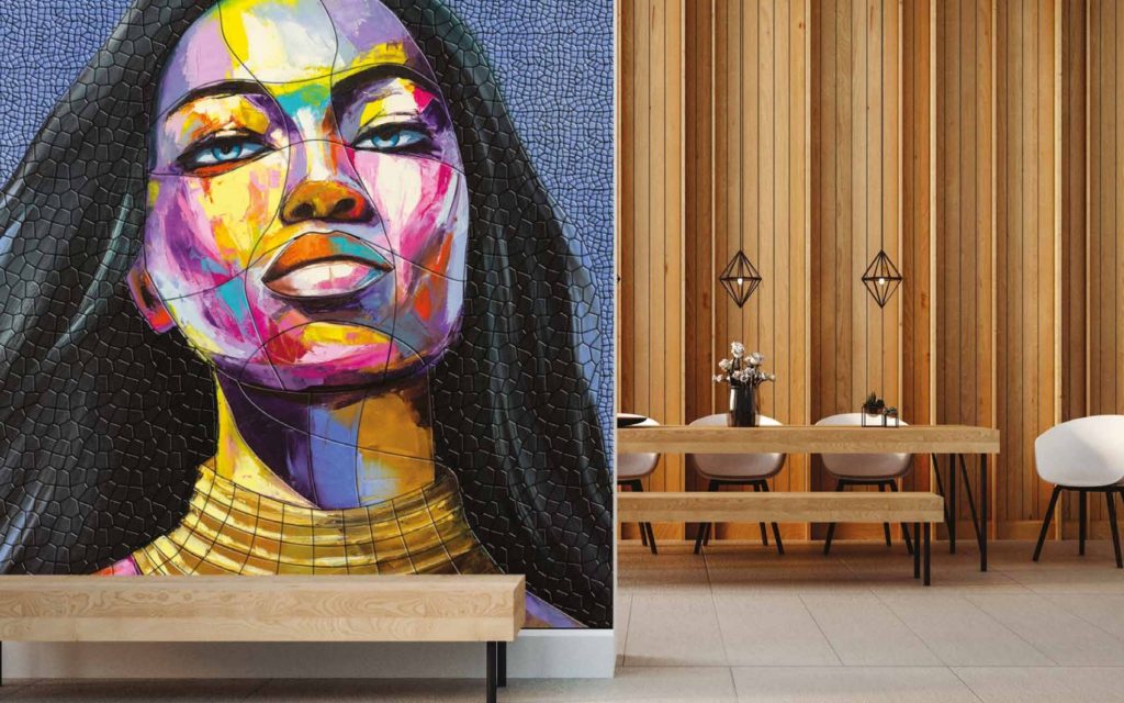Batik Mosaics in large picture form of African American woman displayed in dining room 