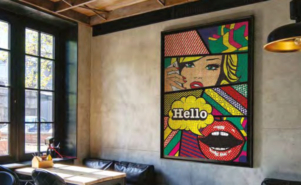 Batik Mosaics in poster on wall of living room with talking lips and woman on the phone in comic book style