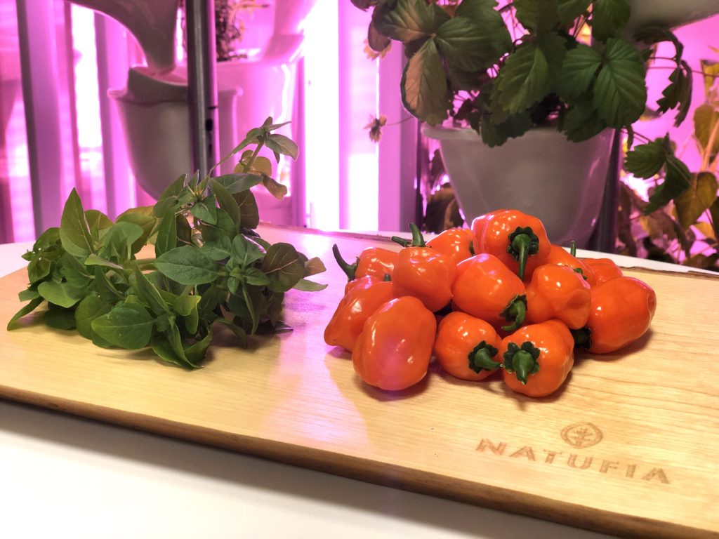 Natufia Kitchen Garden image of peppers and green on cutting board in front of unit