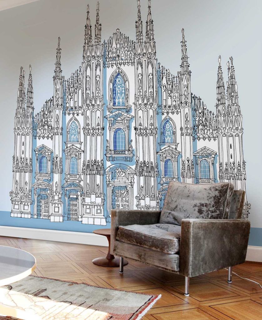 Carlo Stanga WallPepper Duomo Milano showing front of cathdral in black and white drawing with blue highlights