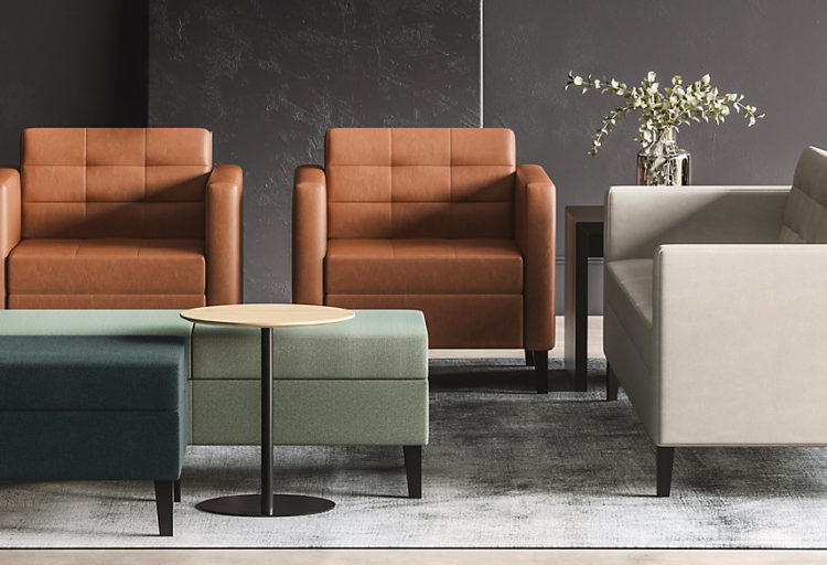 Ciji Seating chairs with arms in brown leather and gray fabric with ottomans and low wooden table