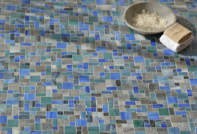 Blue Sea Glass Collection Garden Party Style of different color small square and rectangular tiles on bathroom floor