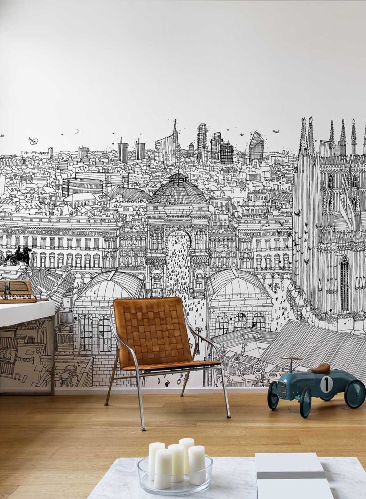 Carlo Stanga WallPepper I'am Milano showing drawing of panoramic view of Milano in black and white