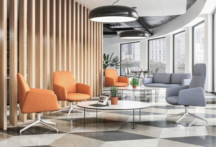 SitOnIt Envoi Lounge several chairs in orange and gray upholstery in open corridor area of workspace