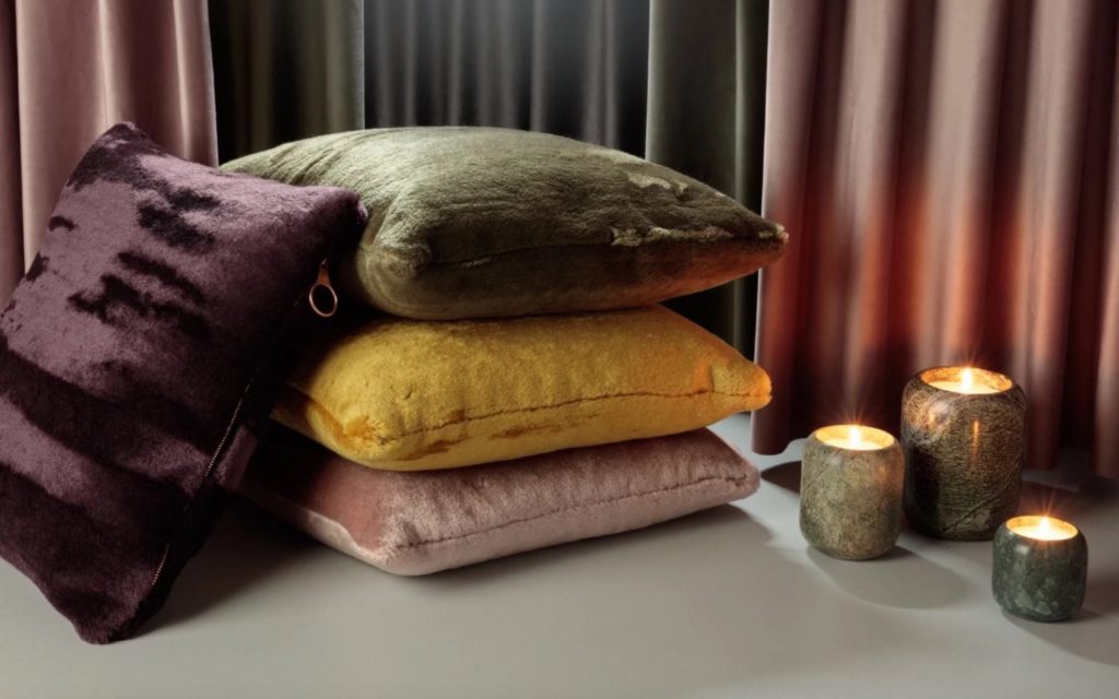Tom Dixon Textiles Edit Soft velvet on cushions in pink, yellow, green, and purple