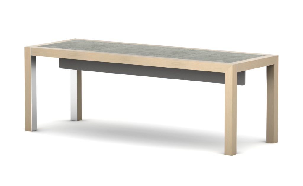 Nucraft's Epono Table long standing height with gray concrete top and natural wood legs and frame