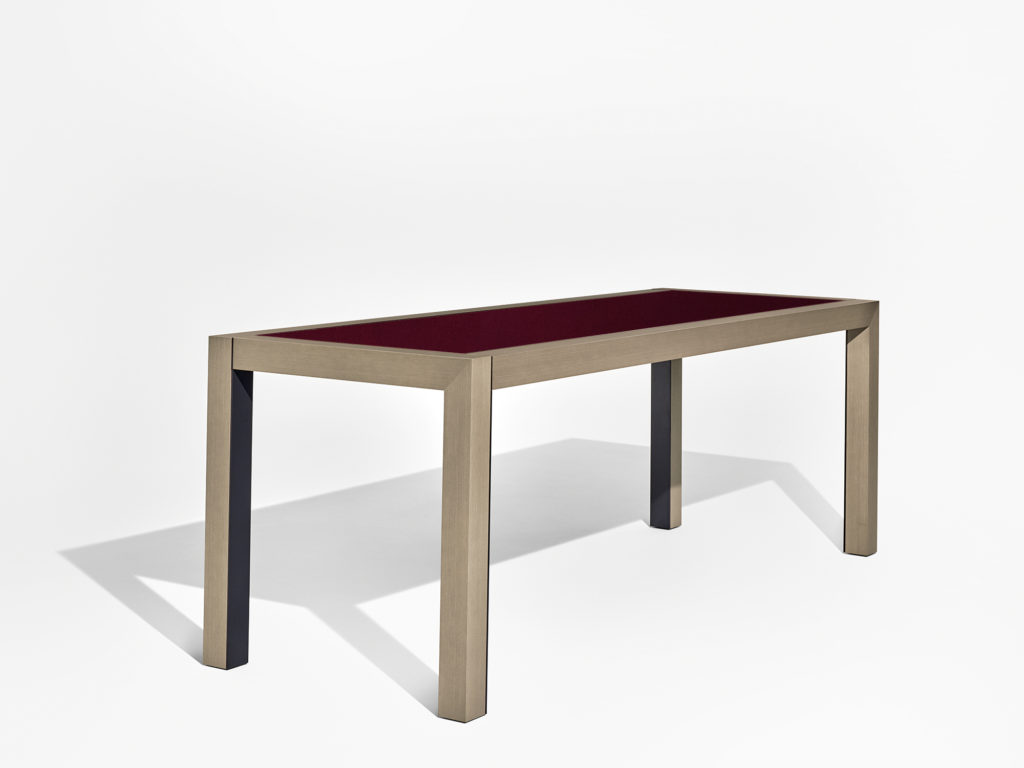 Nucraft's Epono Table standing height red felt top with wood veneer legs and frame