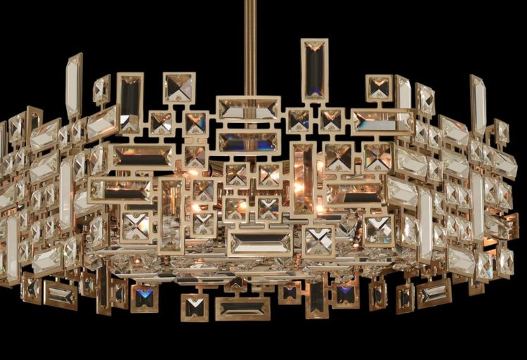 Kalco Lighting Vermeer chandelier with rectilinear crystals of different sizes and shapes surrounded by chrome/gold frame