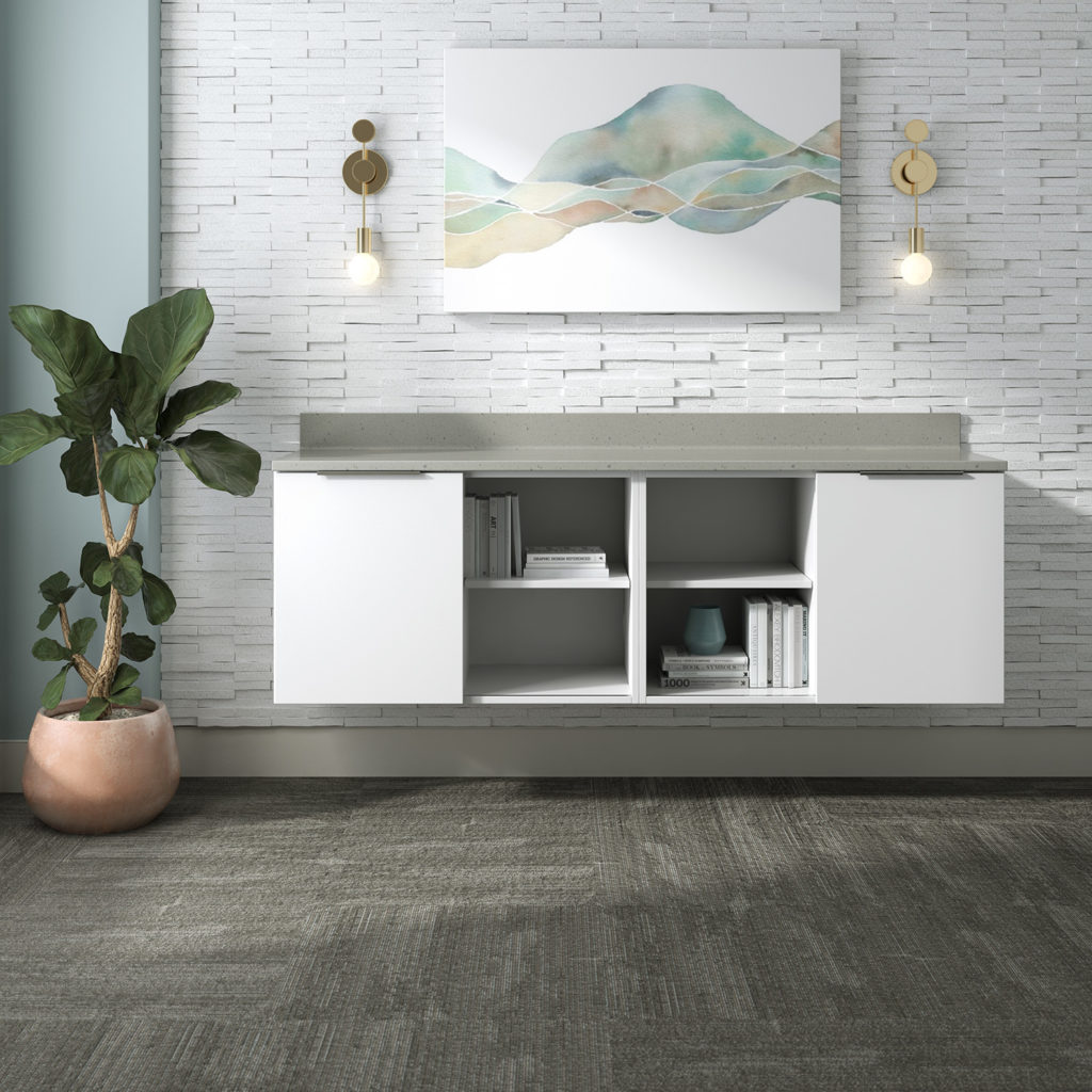 Alterna Casegoods wall-mounted credenza in reception area white with gray top