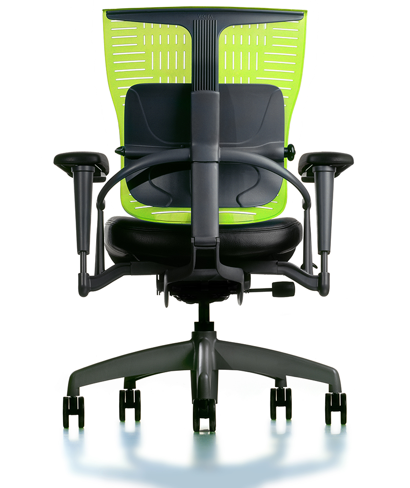 Douglas Ball Lucy Chair rear view of high-tech chair with rigid plastic back. Chair has green back and black frame and seat