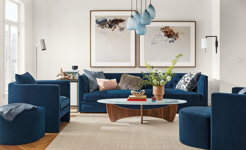 Room & Board Seating Silva lounge chair in blue with matching sofa in comfy living room 