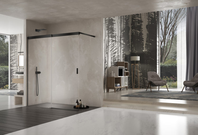 Duka’s Libero 5000 Inlab walk-in shower transparent glass against white stone wall
