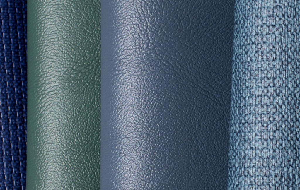 Otratex Moody Blues Textiles samples in blue shades and one green detail