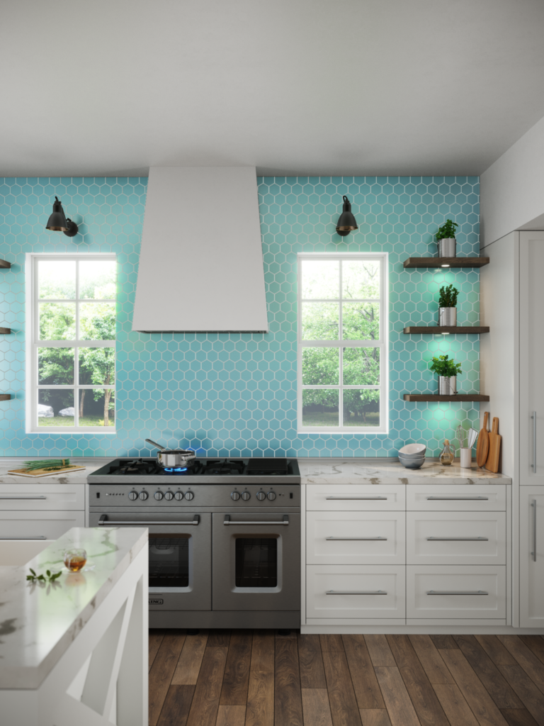 Smart Surfaces Island Stone Glass Essentials kitchen wall light blue hexagonal pattern 