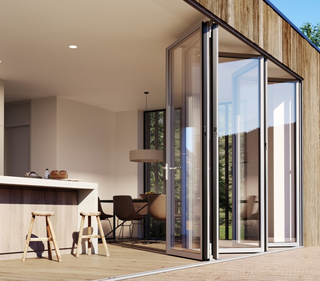NanaWall's SL84 folding glass wall  six panels partially open with kitchen in background