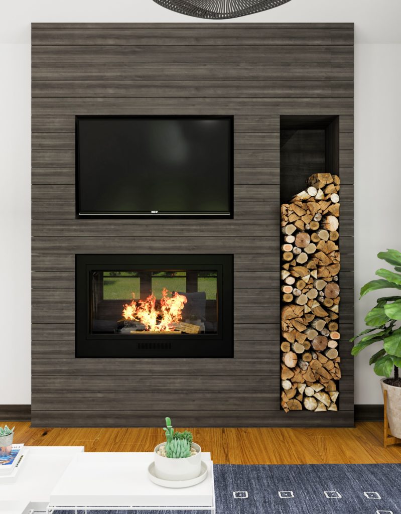 S4S Decorative Boards gray-stained boards on fireplace front with tv and stacked wood