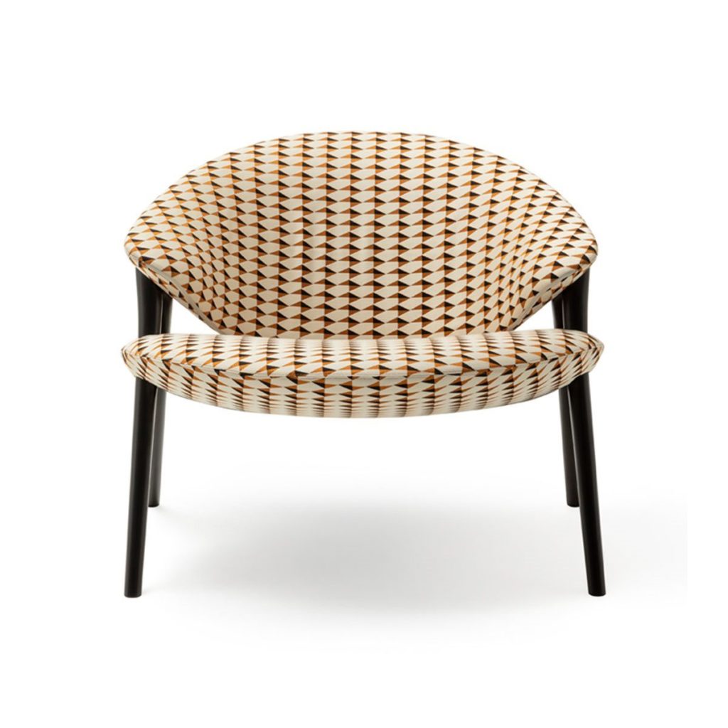 Zanotta's Oliva Chair front view patterned upholstery off white, orange, and black