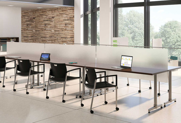 JSI Privacy Screens acrylic , translucent on open desking with several chairs on both sides