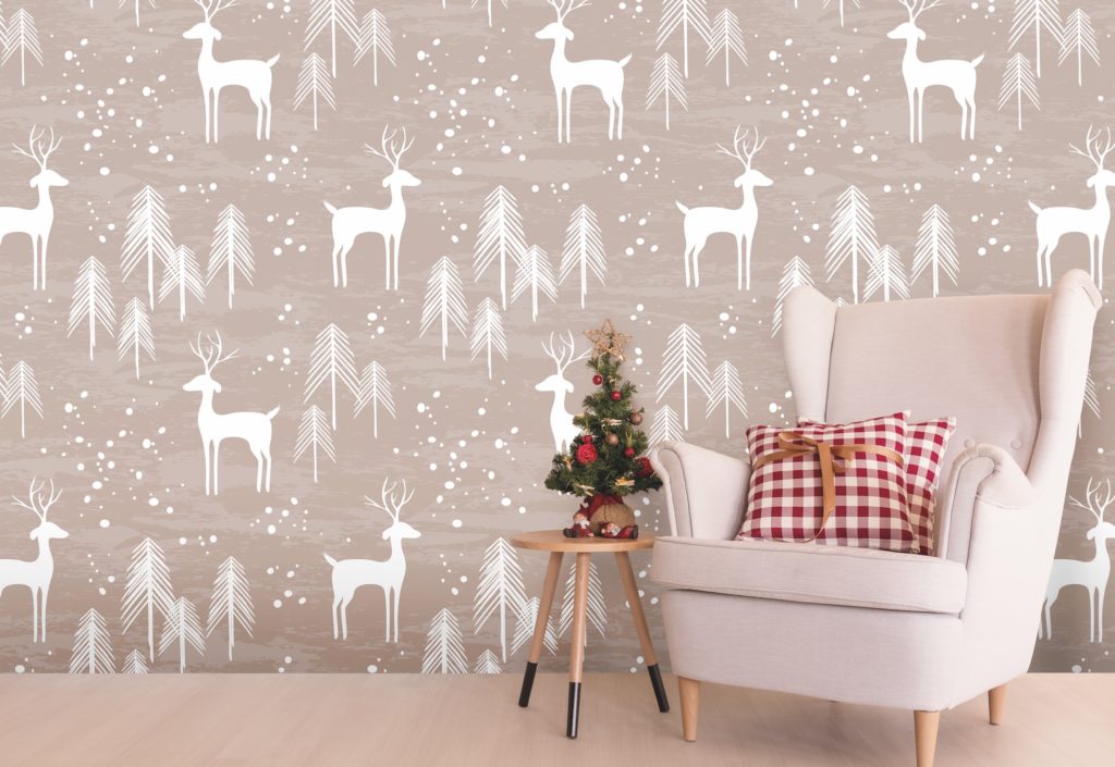 Wallsauce Christmas Wallpaper deer and trees whimsical 