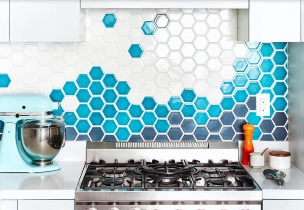 Noz Nozawa Fireclay Tile hexagonal kitchen backsplash blues and white