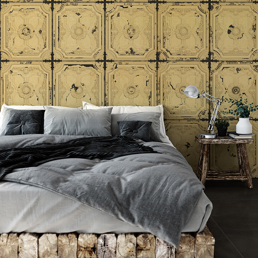 Lapicida tin Panel Ceramic Collection gold on bedroom wall