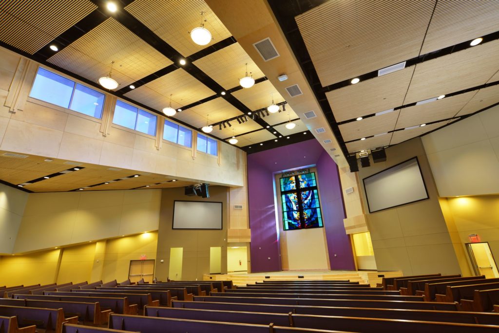 Akouo Acoustics slat style in auditorium with stained glass window