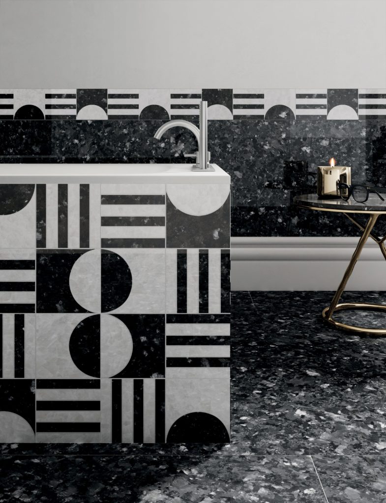 Deco tile black and white half circle motif with black and white lines