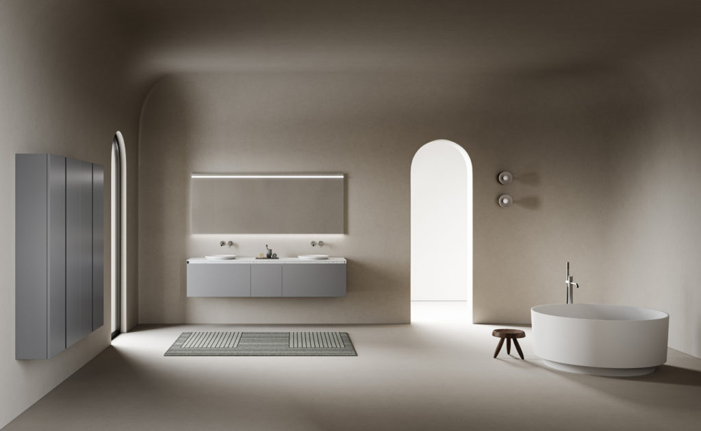Inbani Arc Collection wide view bathroom with circular arc tub and vanity