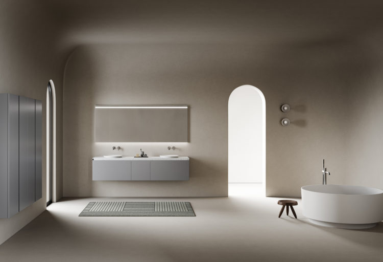 Inbani Arc Collection wide view bathroom with circular arc tub and vanity