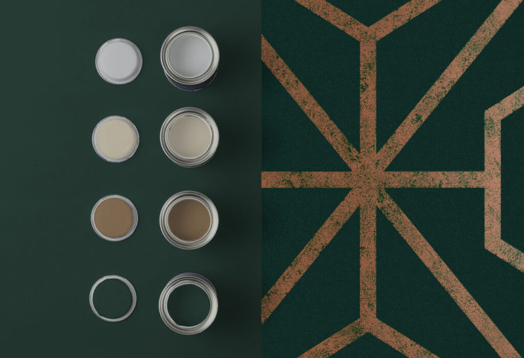 Graham & Brown Wallpaper green/copper with complementary paint samples