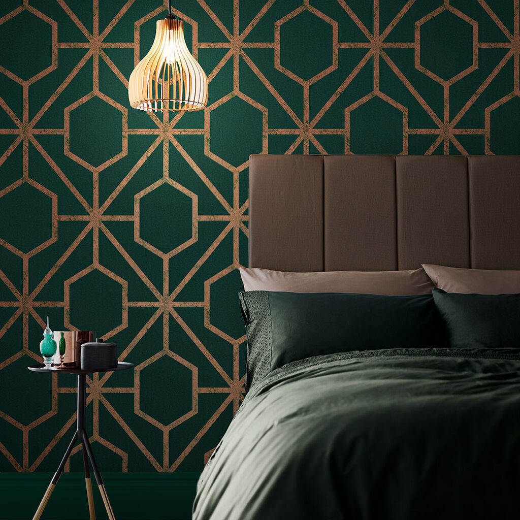 Graham & Brown Wallpaper Rinku Green/Gold in bedroom 