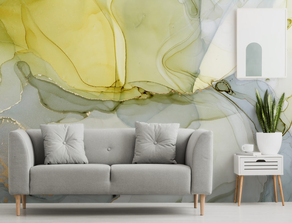 Wallsauce wallpaper yellow curtains and gray sofa