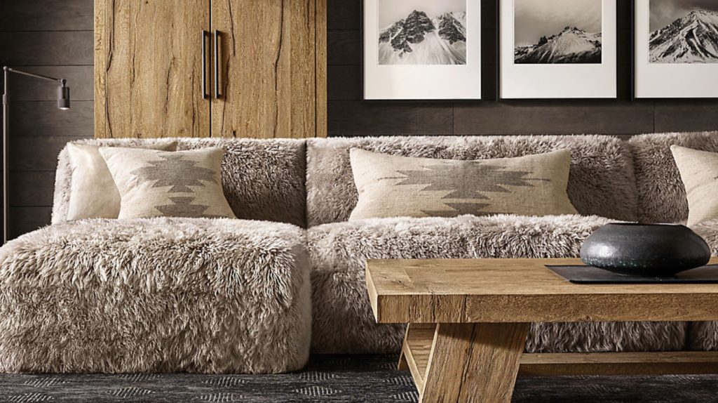 RH Ski House Yeti sectional in gray in living room