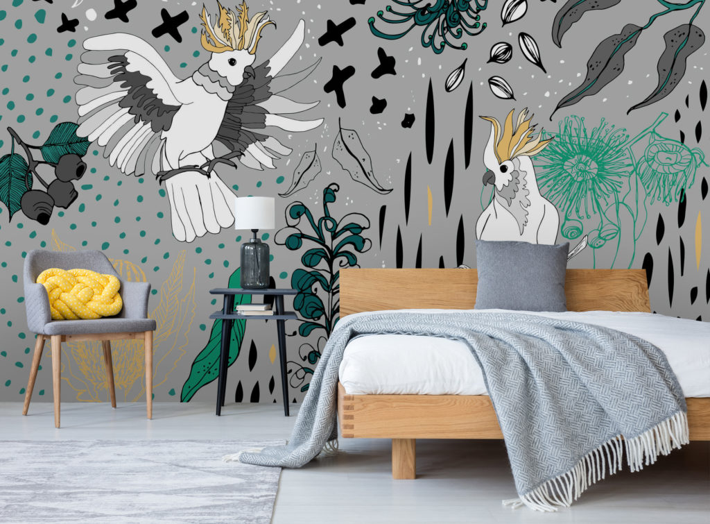 Wallsauce wallpaper cockatoos on gray patterned wallpaper