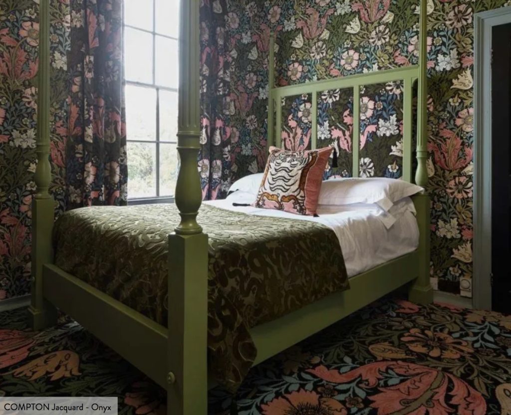 House of Hackney green floral wallpaper in bedroom 