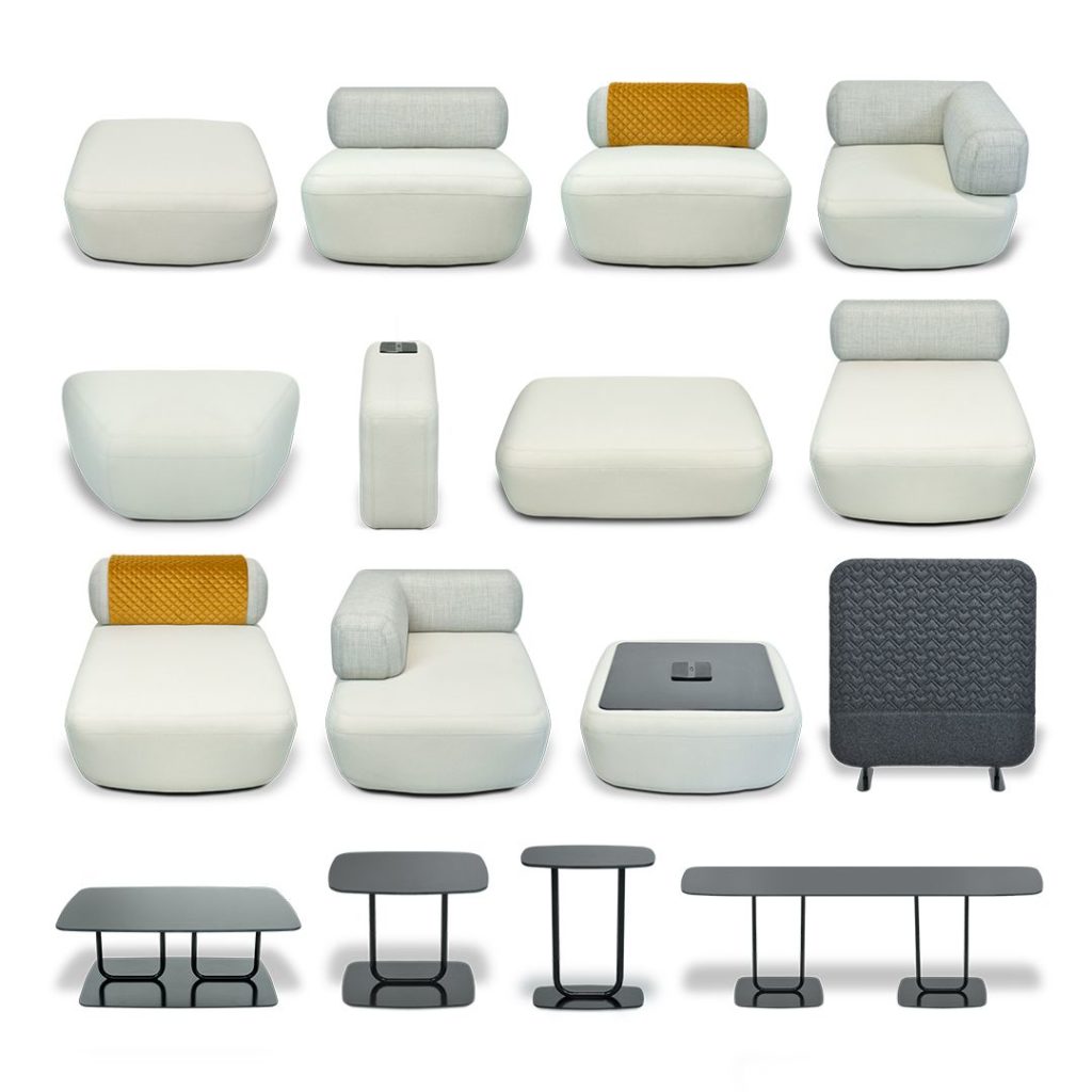 Elements statement of line with seats, chaises, tables, and ottomans
