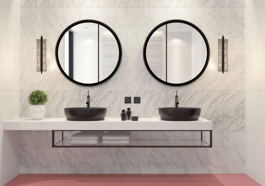 Capuccio wall sconce double sconces with circular mirrors between in modern bathroom