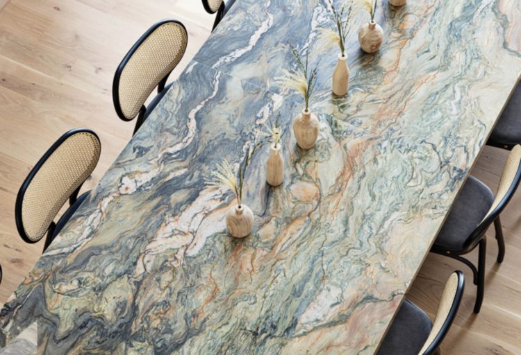 Bookmatched slab table with blues and oranges