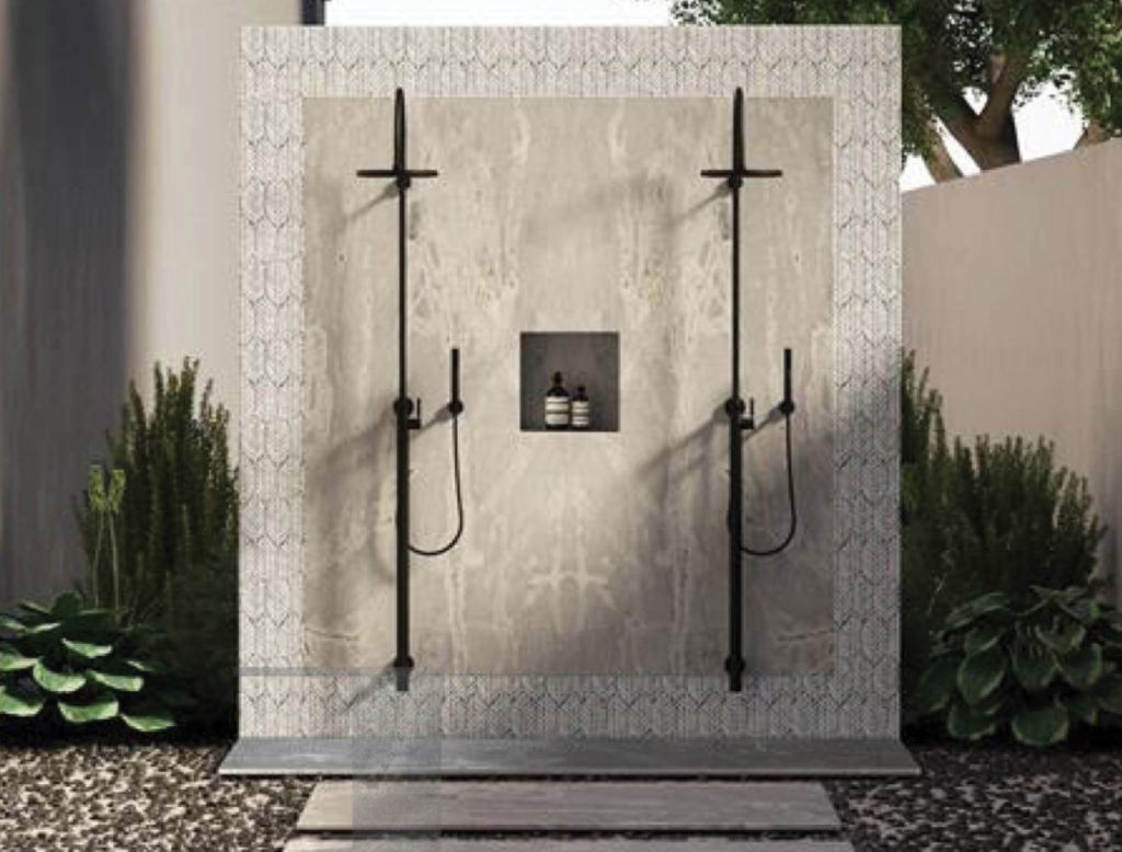 Bookmatched slab on outdoor shower cream 