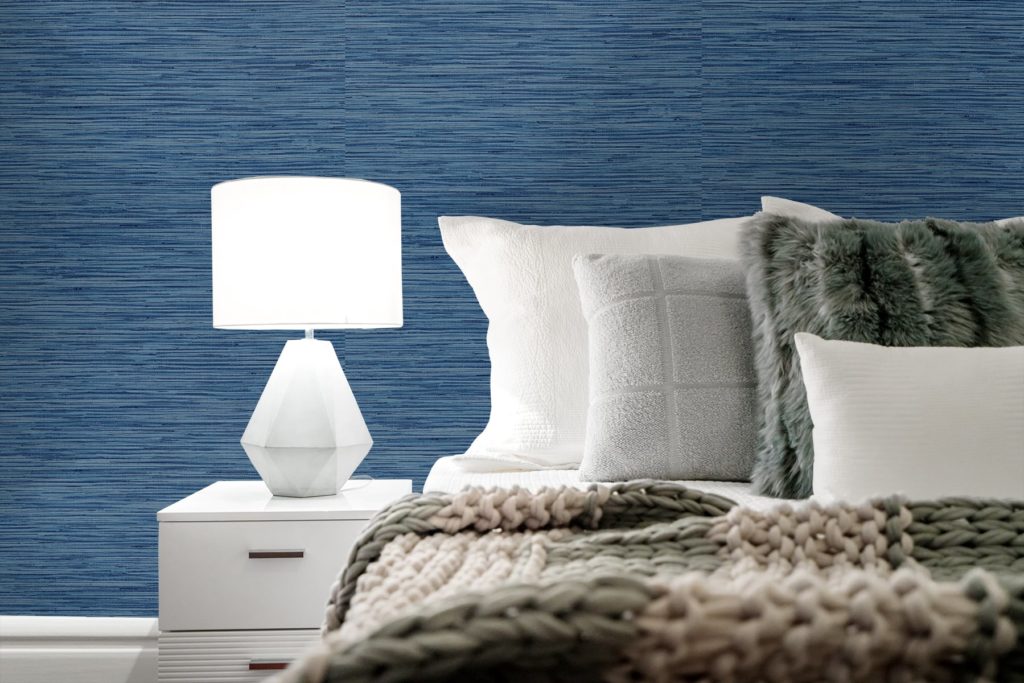 Sojourn Collection grasscloth blue in bedroom