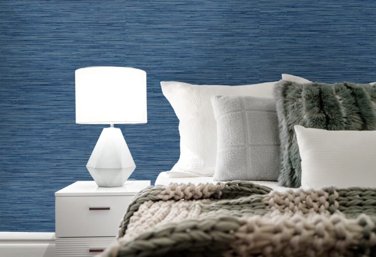 Sojourn Collection Faux Grasscloth blue in bedroom