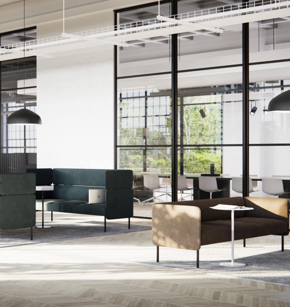 Adapt Modular Seating different sofas in workspace brown and green