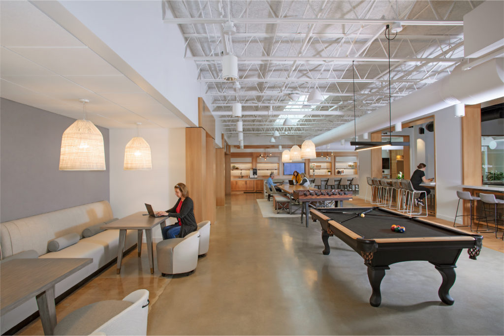 Pool table and custom hospitality products at Kimball's headquarters where they received the WELL Health and Safety seal