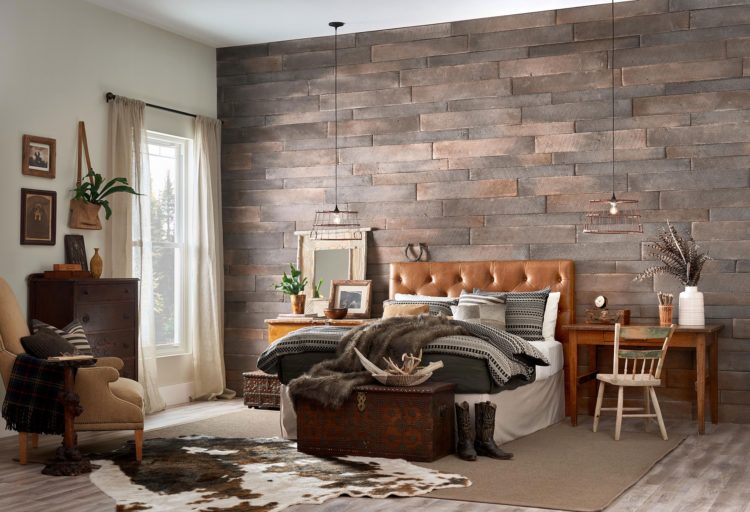 Faux wood Weathered Plank stone veneer installation on bedroom wall