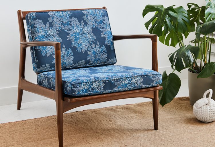 HBF Textiles Summer Fabrics Digital Bloom blue on chair