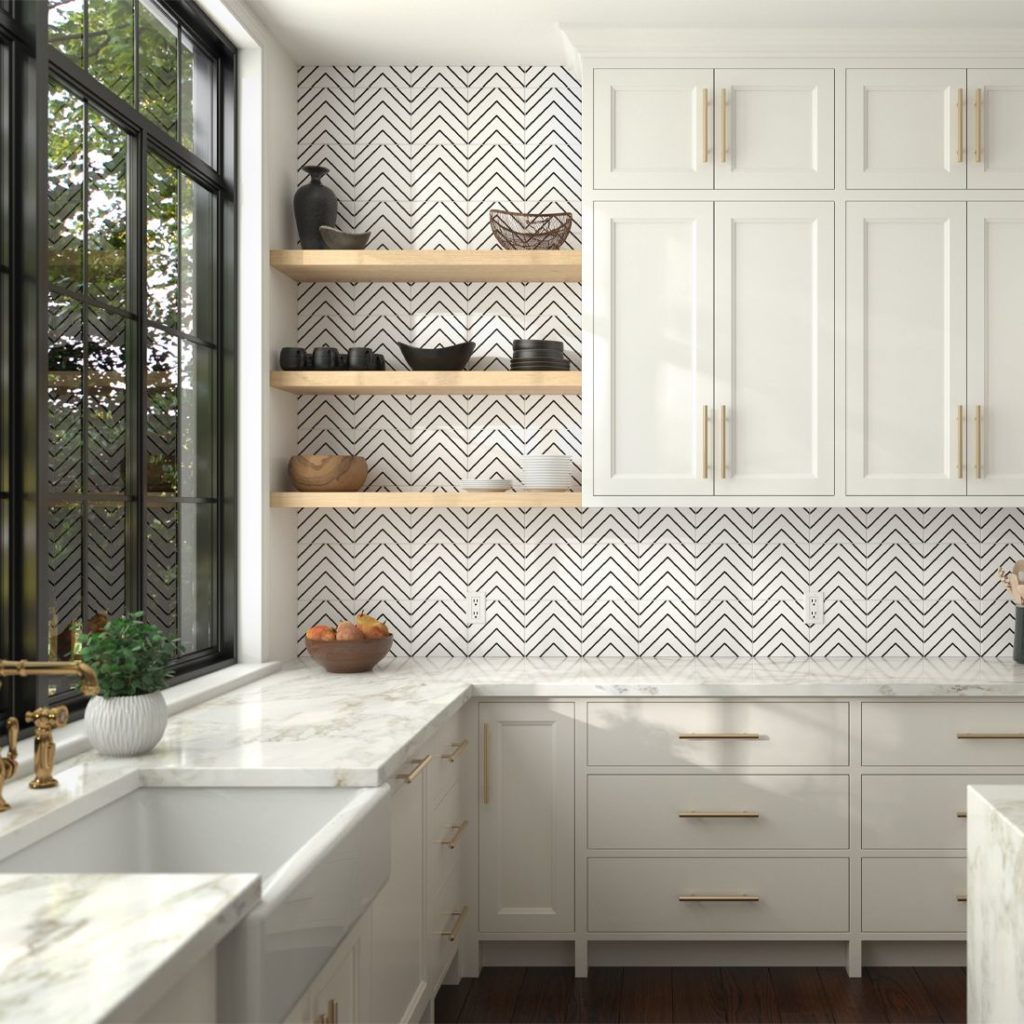 Walker Zanger Pop Culture porcelain tiles diagonal lines in kitchen