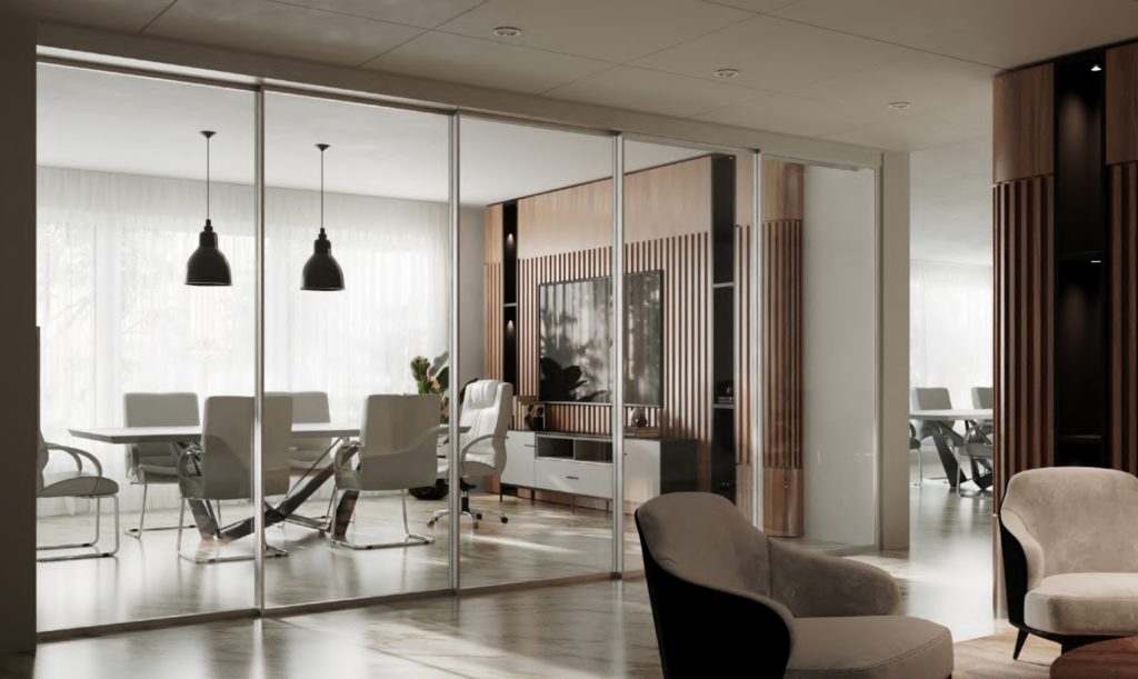 Muraflex Expo telescoping door system white with conference table and lounge chairs on other side