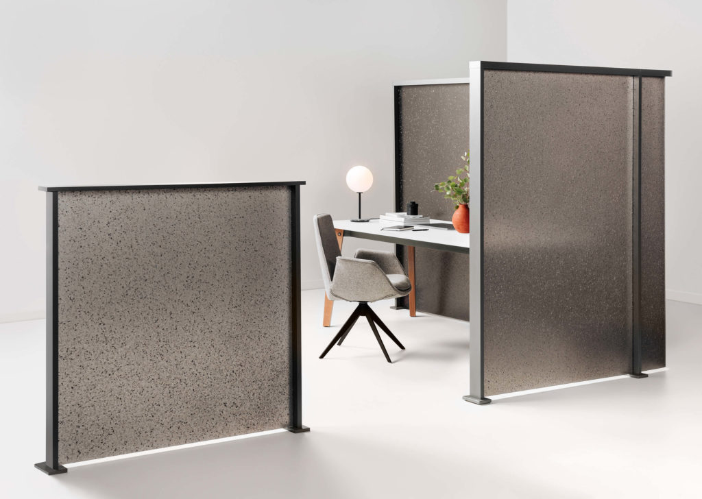 Product Intelligence Flek Partition by 3form gray, translucent speckled pattern with white desk and gray chair 