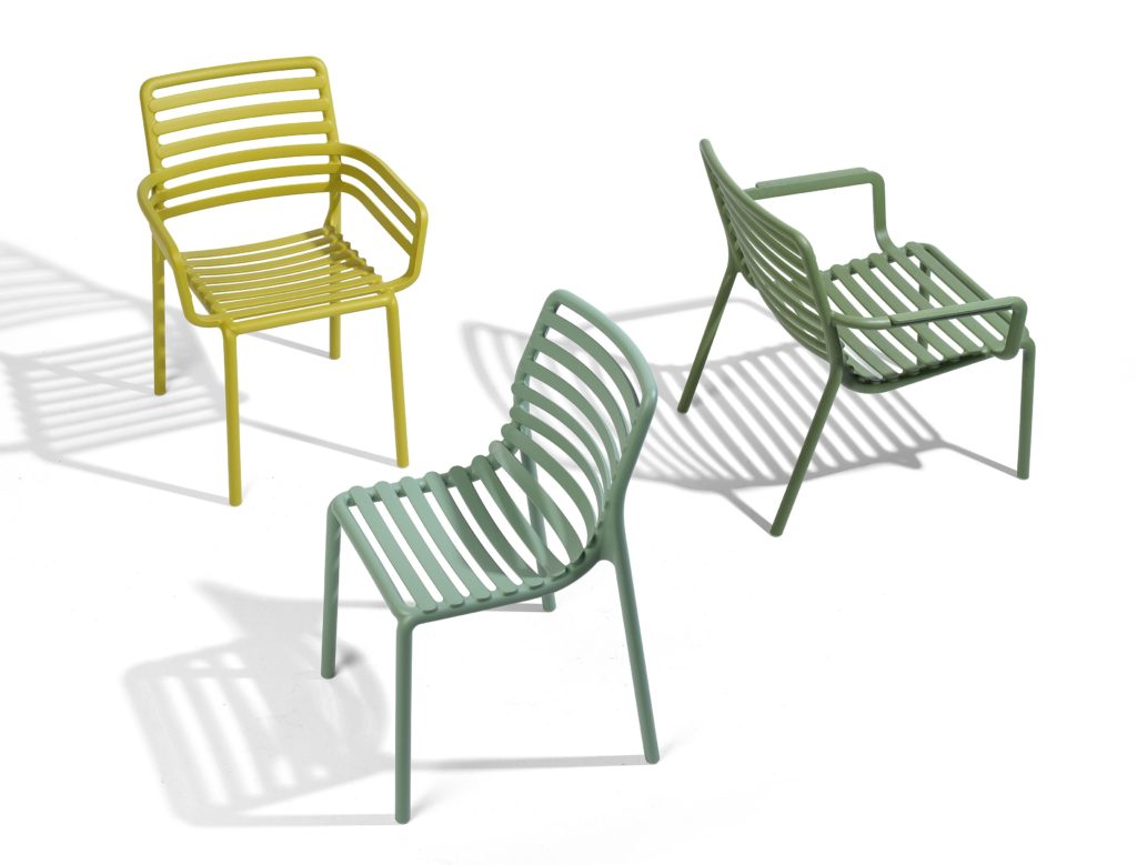 Nardi Doga chair overhead view of three chairs: green, kelly green, and yellow
